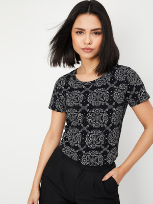 MAX Printed Women Round Neck Black T-Shirt
