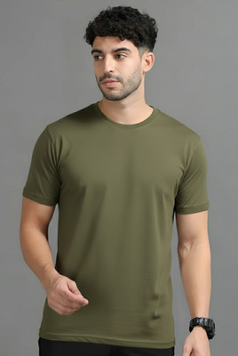 Jangoboy Solid Men Round Neck Dark Green T-Shirt