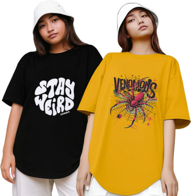 RS FASHION Printed Women Round Neck Black, Yellow T-Shirt