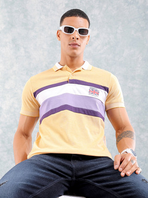 The Indian Garage Co. Striped Men Polo Neck Yellow T-Shirt