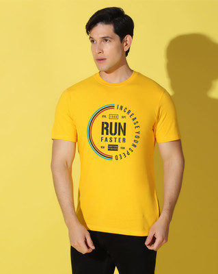 WOOSTRO Printed Men Round Neck Yellow T-Shirt