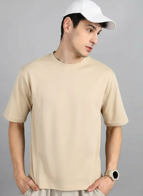 Trendyfly Solid Men Round Neck Beige T-Shirt