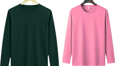 P collection Solid Men Round Neck Dark Green, Pink T-Shirt