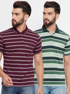 UNIBERRY Striped Men Polo Neck Maroon T-Shirt