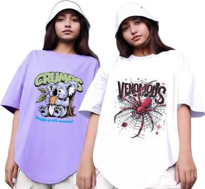 RS FASHION Graphic Print Women Round Neck Purple, White T-Shirt
