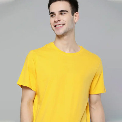 Wanglet Solid Men Round Neck Yellow T-Shirt