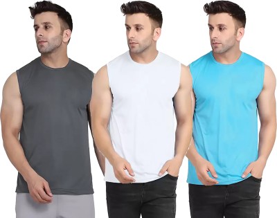 Renowned Solid Men Round Neck Grey, White, Light Blue T-Shirt