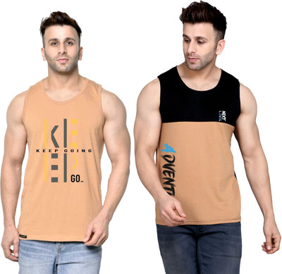 SLOWLORIS Printed Men Round Neck Beige, Black T-Shirt