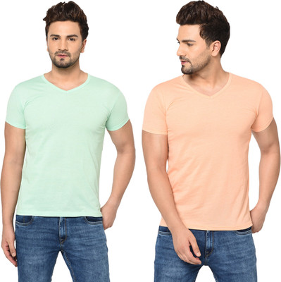 Tresna Trendy Solid Men V Neck Green, Orange T-Shirt