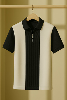 Try This Colorblock Men Zip Neck White, Dark Blue T-Shirt