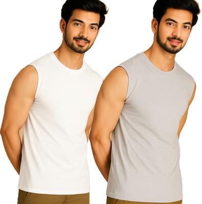 Jangoboy Solid Men Round Neck White, Grey T-Shirt