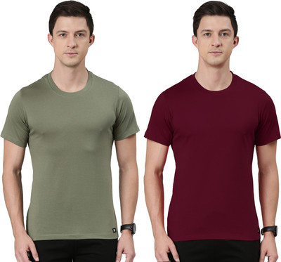 RUPA JON Solid Men Crew Neck Brown, Maroon T-Shirt