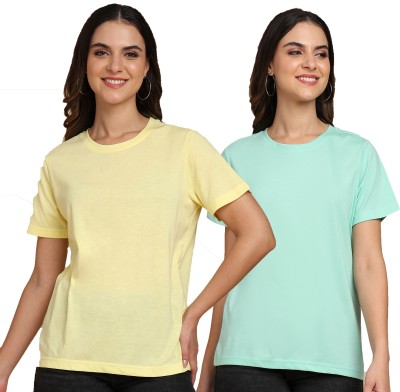 Adyavastram Solid Women Round Neck Yellow, Light Blue T-Shirt