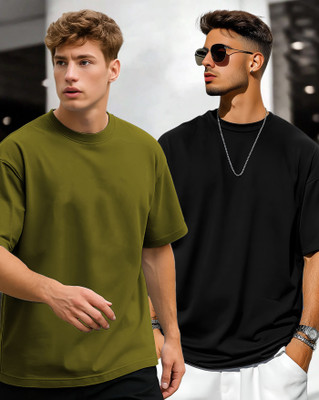 AOOSH Solid Men Round Neck Dark Green, Black T-Shirt
