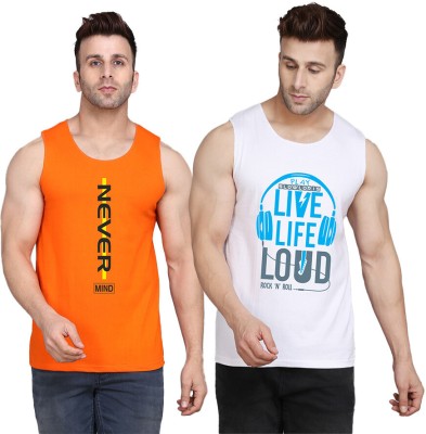 SLOWLORIS Printed Men Scoop Neck White, Orange T-Shirt