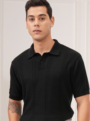 HIGHLANDER Self Design Men Polo Neck Black T-Shirt