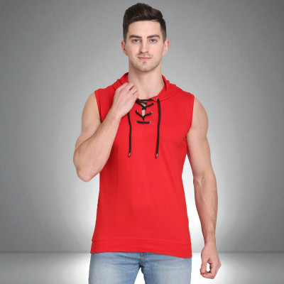 FARICON Solid Men Hooded Neck Red T-Shirt