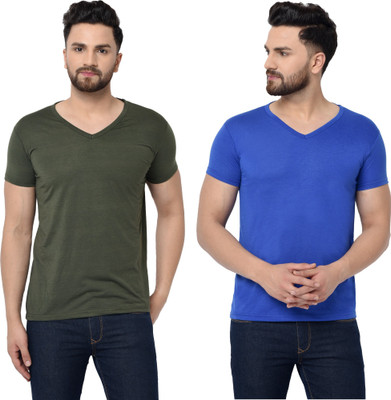 Tresna Fab Solid Men V Neck Dark Green, Blue T-Shirt