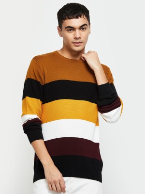 max Striped Men Round Neck Brown T-Shirt