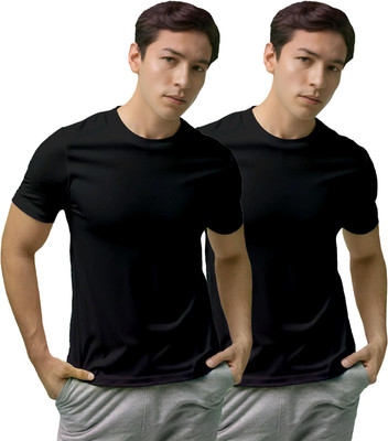 Fighterhero Solid, Sporty Men Round Neck Black T-Shirt