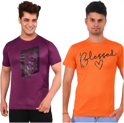 QUOOCOFASHION Printed Men Round Neck Orange, Purple T-Shirt