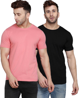 TEEFOX Solid Men Round Neck Black, Pink T-Shirt