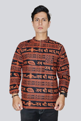 csq Printed, Typography Men Mandarin Collar Black, Orange T-Shirt