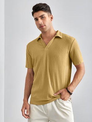 AJOLLI Solid Men Polo Neck Beige T-Shirt