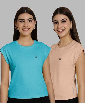 HouseOfCommon Solid Women Round Neck Light Blue, Orange T-Shirt