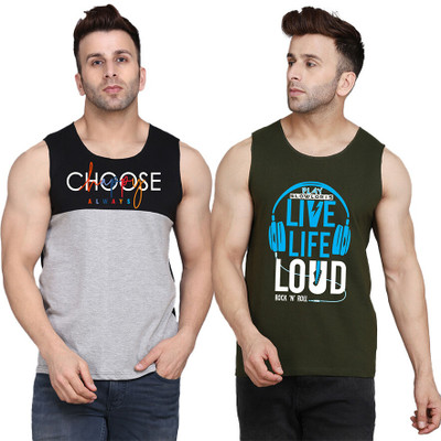 SLOWLORIS Printed Men Scoop Neck Dark Green, Black, Grey T-Shirt