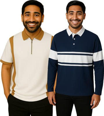 Try This Colorblock, Printed Men Hooded Neck Dark Blue, White T-Shirt