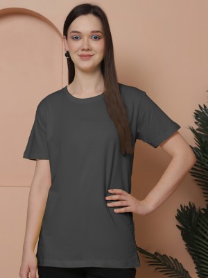 FRISKERS Solid Women Round Neck Grey T-Shirt