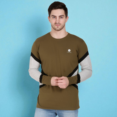 Faricon Trend Colorblock Men Round Neck Brown T-Shirt
