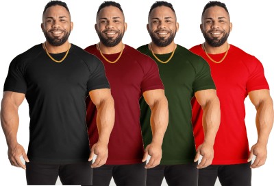 UDI n ADI Solid Men Round Neck Dark Green, Red, Maroon, Black T-Shirt