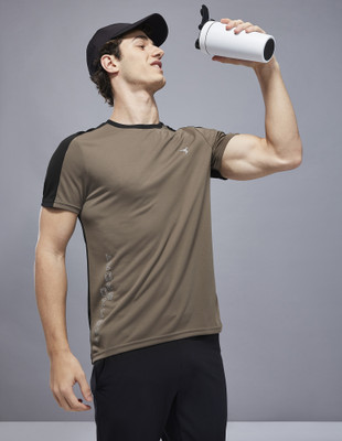 TECHNOSPORT Solid Men Crew Neck Brown T-Shirt