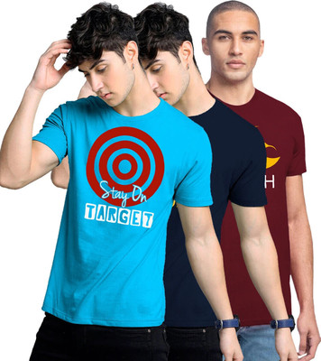 FADMARK Printed Men Round Neck Blue, Dark Blue, Maroon T-Shirt