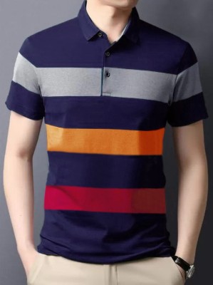 Try This Striped Men Polo Neck Navy Blue T-Shirt