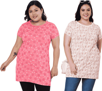 Star Touch Printed Women Round Neck Pink, White T-Shirt