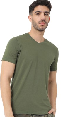 ADRO Solid Men V Neck Dark Green T-Shirt