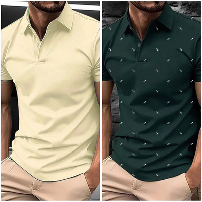 Merriment Solid, Printed Men Polo Neck Dark Green, Yellow T-Shirt