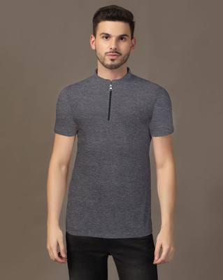 tfurnish Solid Men Mandarin Collar Grey T-Shirt