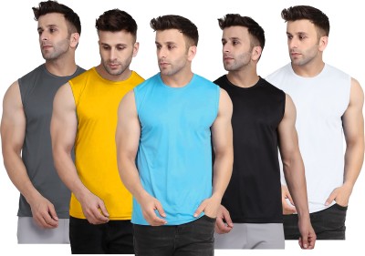 UDI n ADI Solid Men Round Neck Light Blue, Yellow, Grey, Black, White T-Shirt