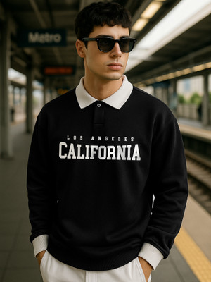 Jump Cuts Printed Men Polo Neck Black T-Shirt