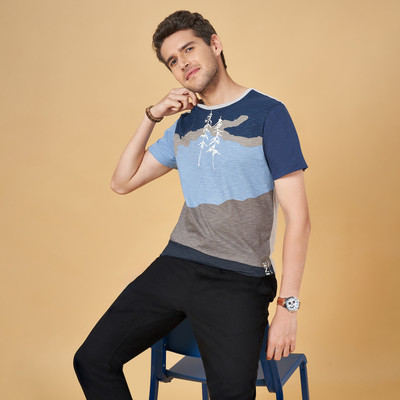 Urban Ranger by Pantaloos Printed Women Round Neck Blue T-Shirt