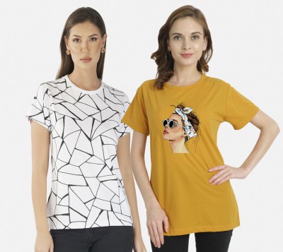 CHOZI Printed Women Round Neck White, Yellow, Black T-Shirt