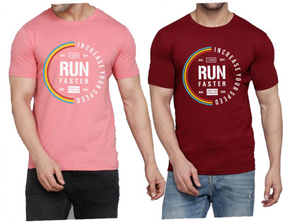 WOOSTRO Printed Men Round Neck Pink, Maroon T-Shirt