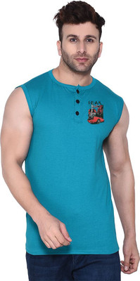 GEUM Graphic Print Men Henley Neck Light Green T-Shirt