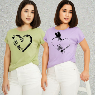 Lecowar Printed Women Round Neck Green, Purple T-Shirt