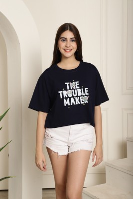 TOM AND JERRY by DreamBe Printed, Typography Women Round Neck Dark Blue T-Shirt