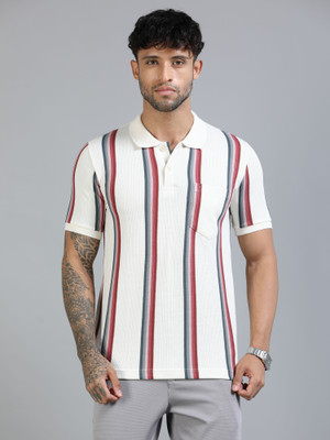 Cool Colors Striped Men Polo Neck Red T-Shirt